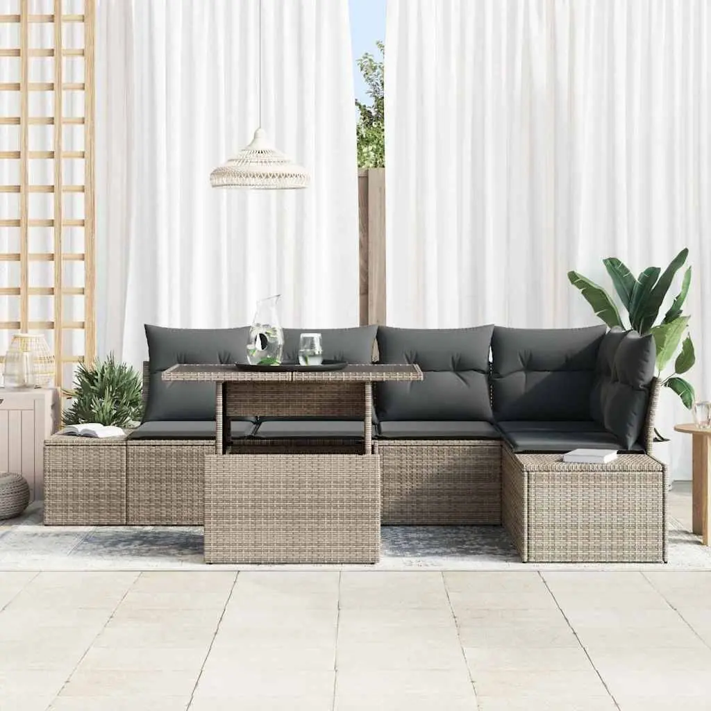 Garden Sofa Set 6 Pieces Grey Poly Rattan Outdoor Furniture with Storage Bench