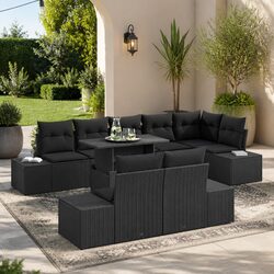 9 Piece Outdoor Garden Sofa Set with Storage Height-Adjustable Table Black Poly