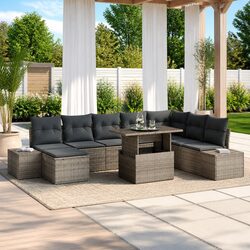 Practical 9-Piece Grey Poly Rattan Sofa Set