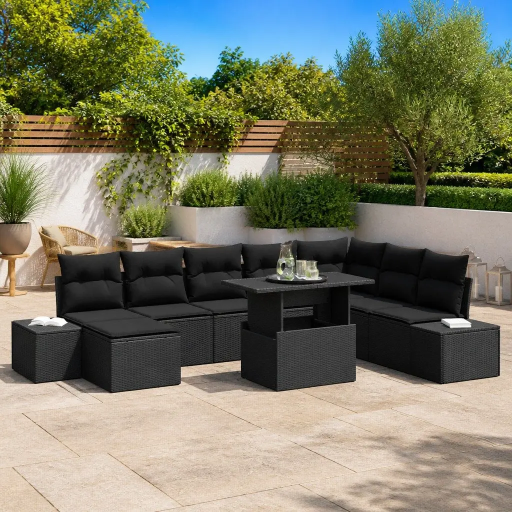 Outdoor Sofa Set 9 Piece Poly Rattan Black with Storage Table and Glass Top for Garden and Patio