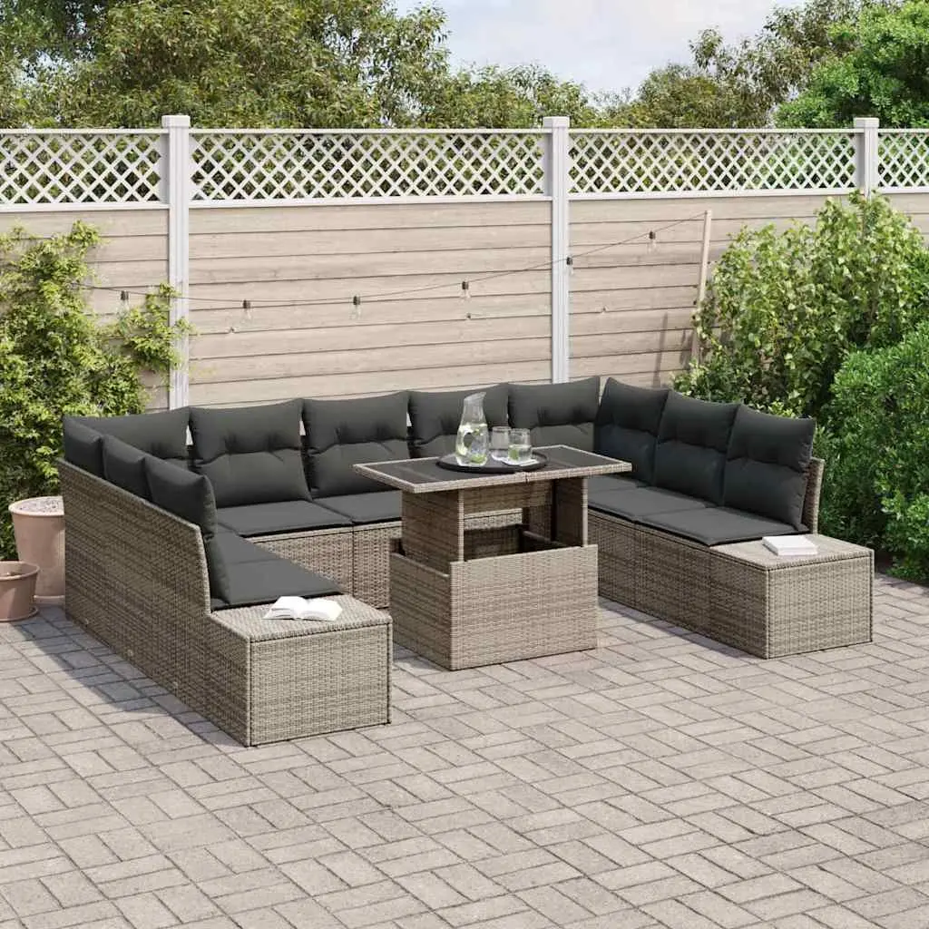 Garden Sofa Set 10 Pcs Grey Poly Rattan Outdoor Furniture with Storage Benches