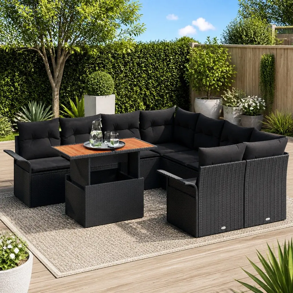 Modular Garden Sofa Set 9 Piece Poly Rattan Outdoor Furniture Black