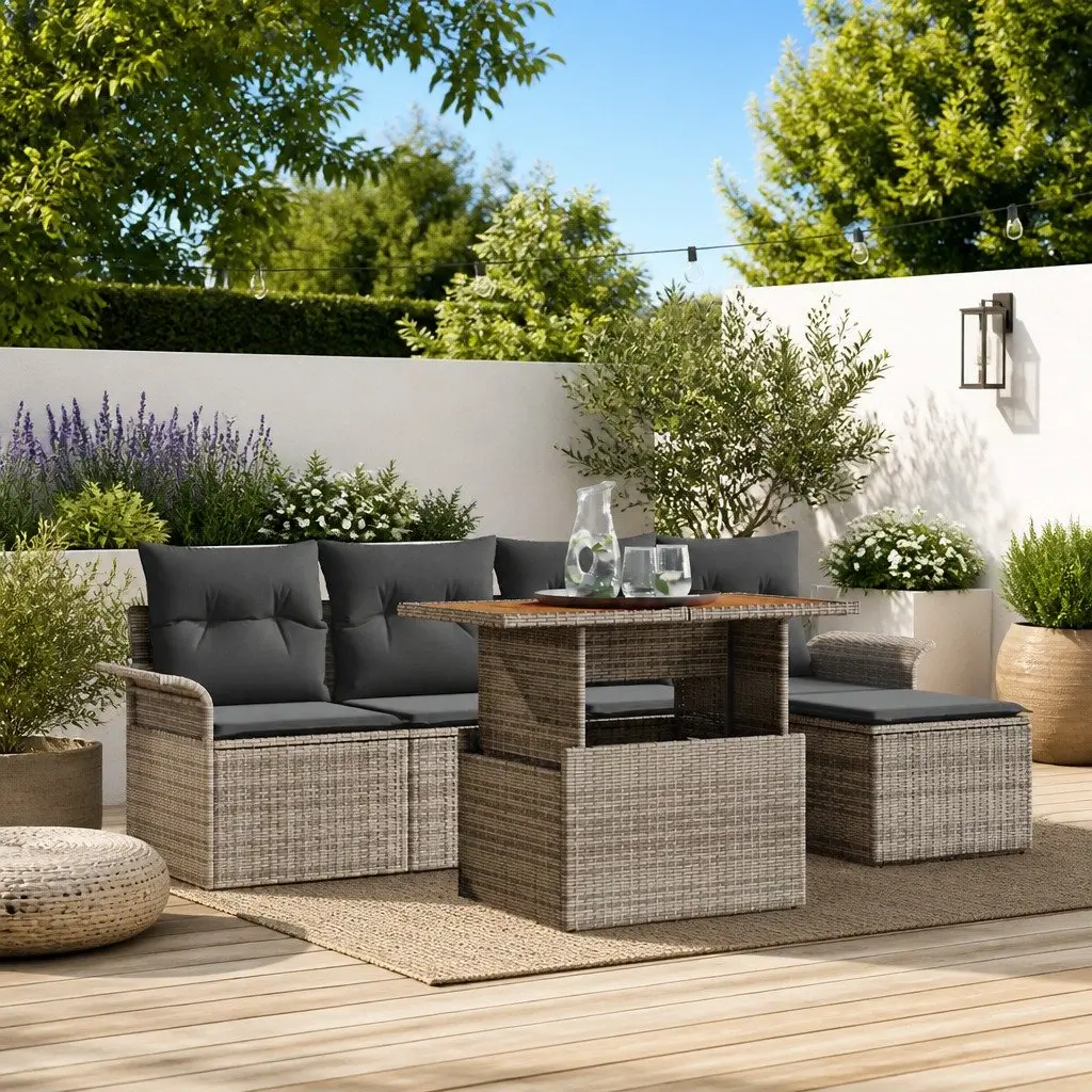 Outdoor Garden Sofa Set Modular Poly Rattan 6 Piece Grey