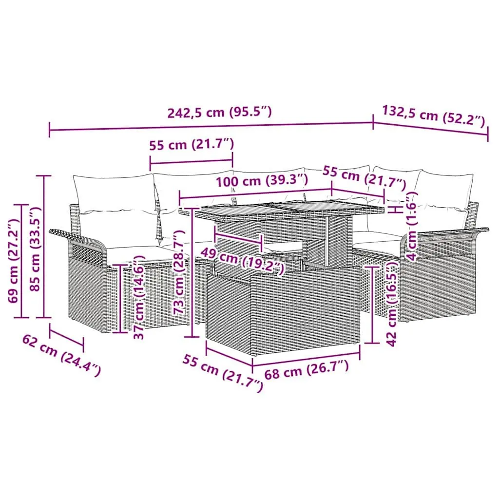 Outdoor Sofa Set Poly Rattan Coated Steel 6 Piece Grey Modular Garden Furniture with Storage Compartments