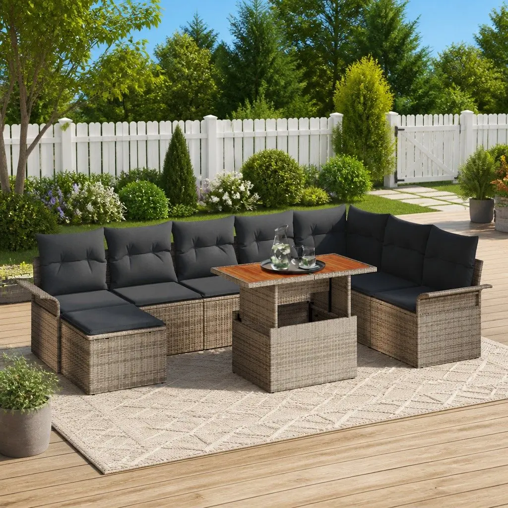 Outdoor Rattan Sofa Set Modular Poly Rattan 9 Pieces Grey Garden Furniture