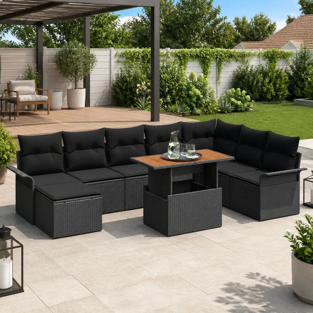 Outdoor Rattan Sofa Set Modular Poly Rattan 9 Piece Black