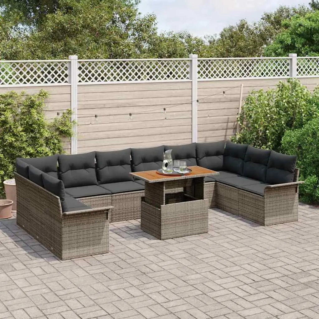 Rattan Garden Sofa Set Modular 9 Pieces Grey Poly Rattan Frame Polyester Cushions