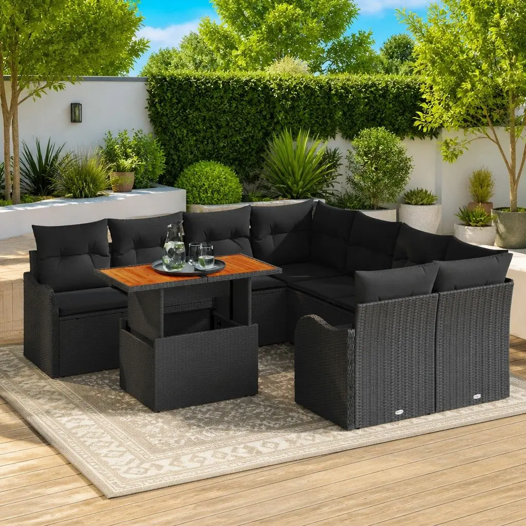 Garden Sofa Set 9-Piece Outdoor Furniture Black Poly Rattan Modular Lounge with