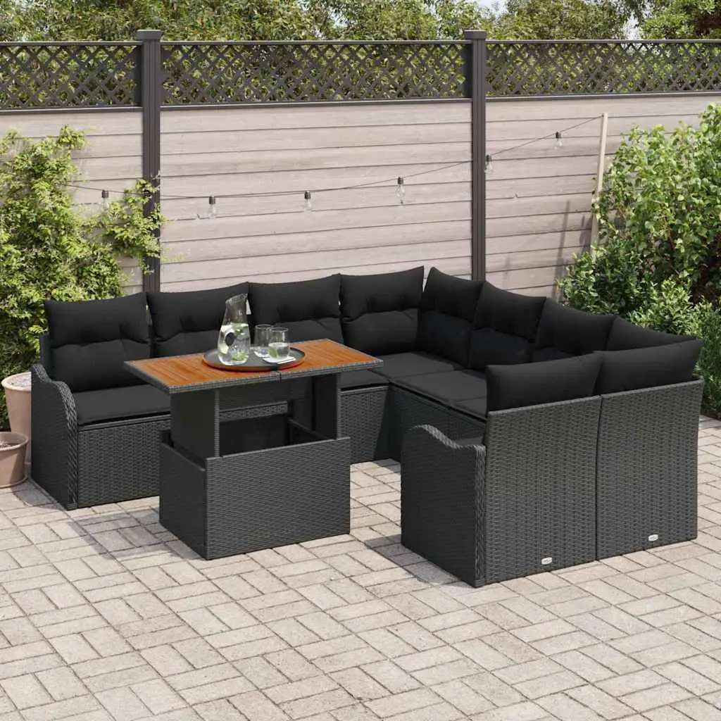 Garden Sofa Set 9-Piece Outdoor Furniture Black Poly Rattan Modular Lounge with