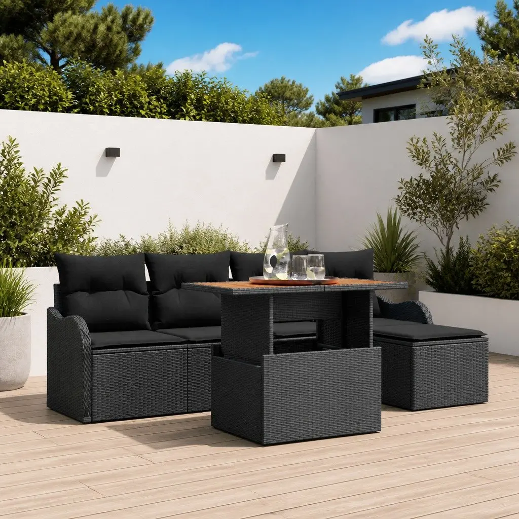 Garden Sofa Set Poly Rattan Modular 6 Pieces Black Outdoor Furniture with Storage Table