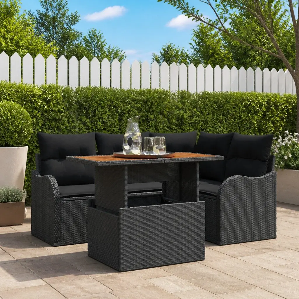 5 Piece Modular Outdoor Sofa Set Black Poly Rattan with Storage Cushions for Garden and Patio