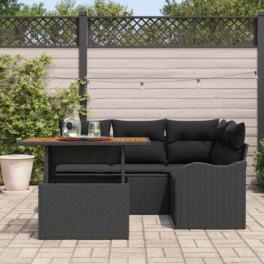 5 Piece Modular Outdoor Sofa Set Black Poly Rattan with Storage Cushions for Garden and Patio