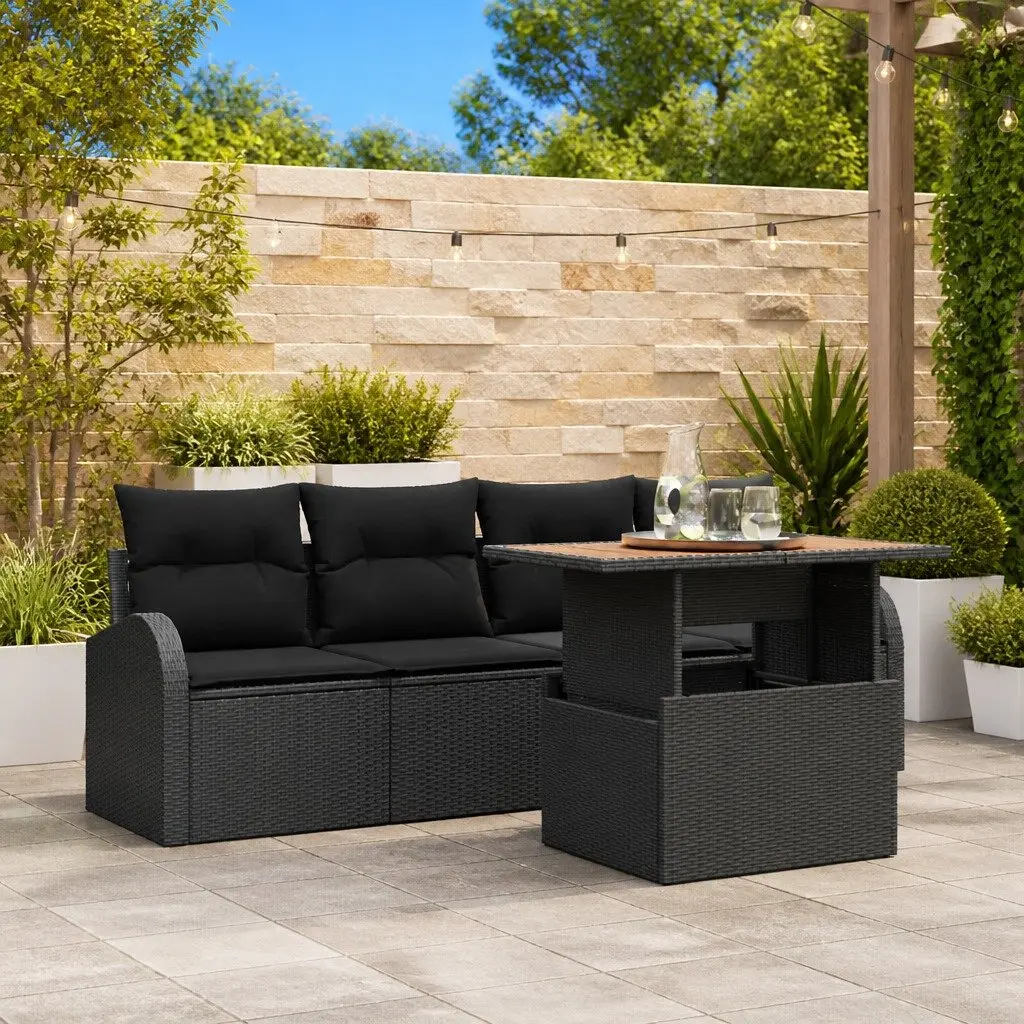 Garden Sofa Set Modular Poly Rattan 5 Pieces Black with Beige Armrests Outdoor Furniture