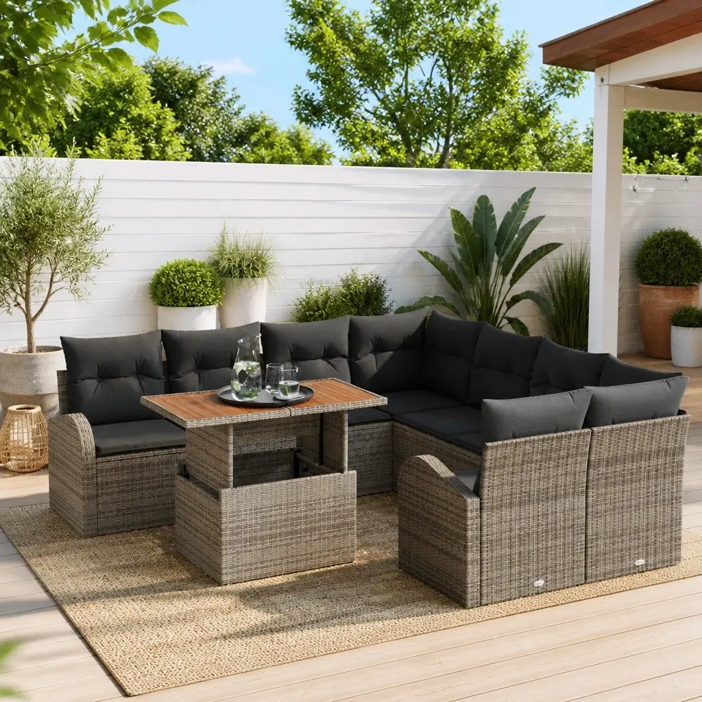 Garden Sofa Set Poly Rattan 9 Piece Grey Modular Outdoor Furniture