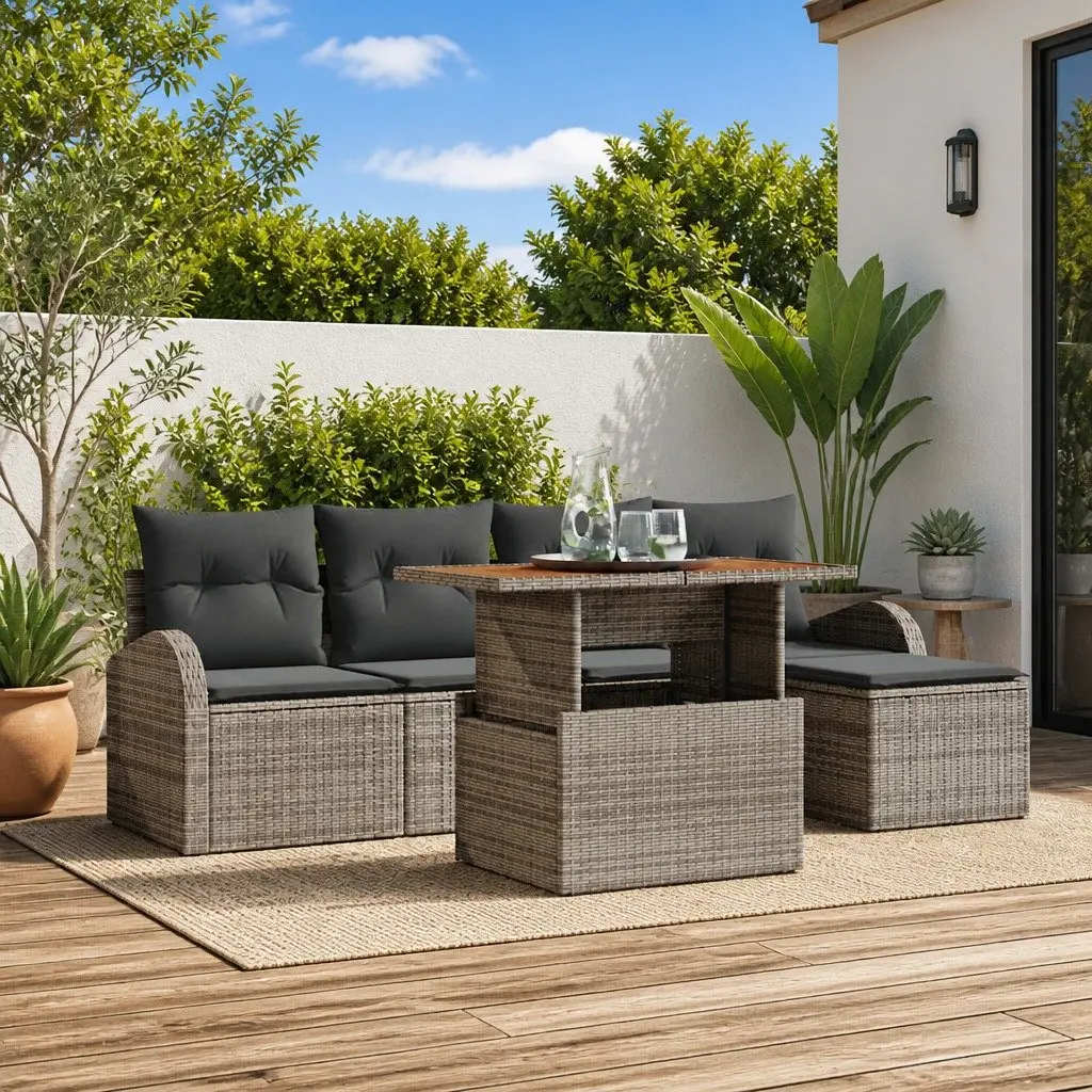 Garden Sofa Set Modular Poly Rattan 6 Piece Grey Outdoor Furniture