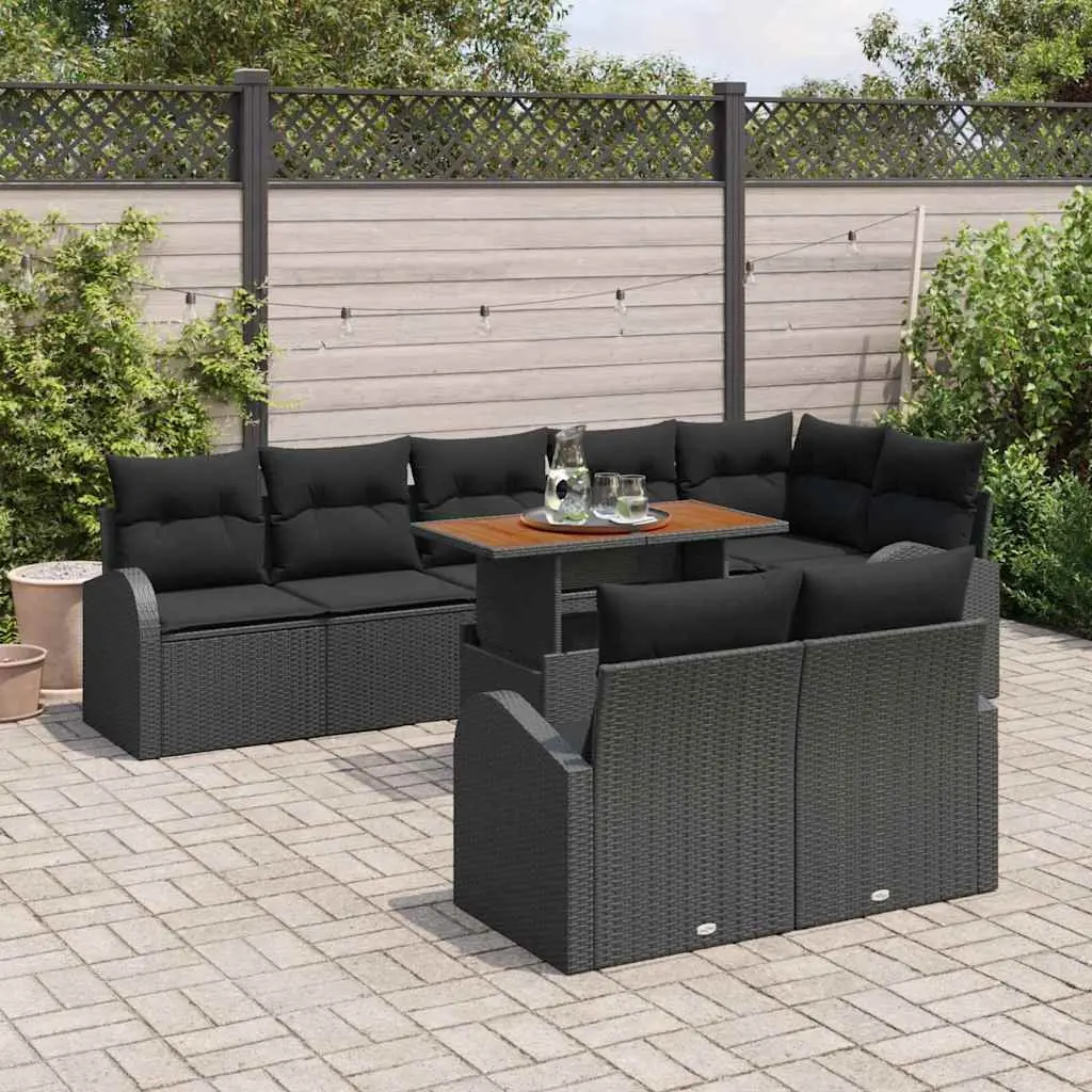 Garden Sofa Set Modular Sectional 9 Piece Black Woven Poly Rattan with Powder Coated Steel Frame