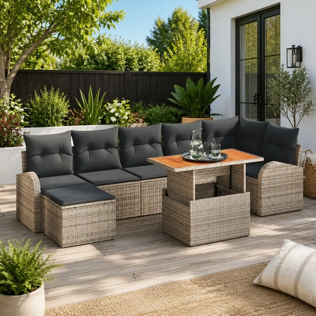 8 Piece Outdoor Furniture Set Modular Grey Poly Rattan Sofa with Storage