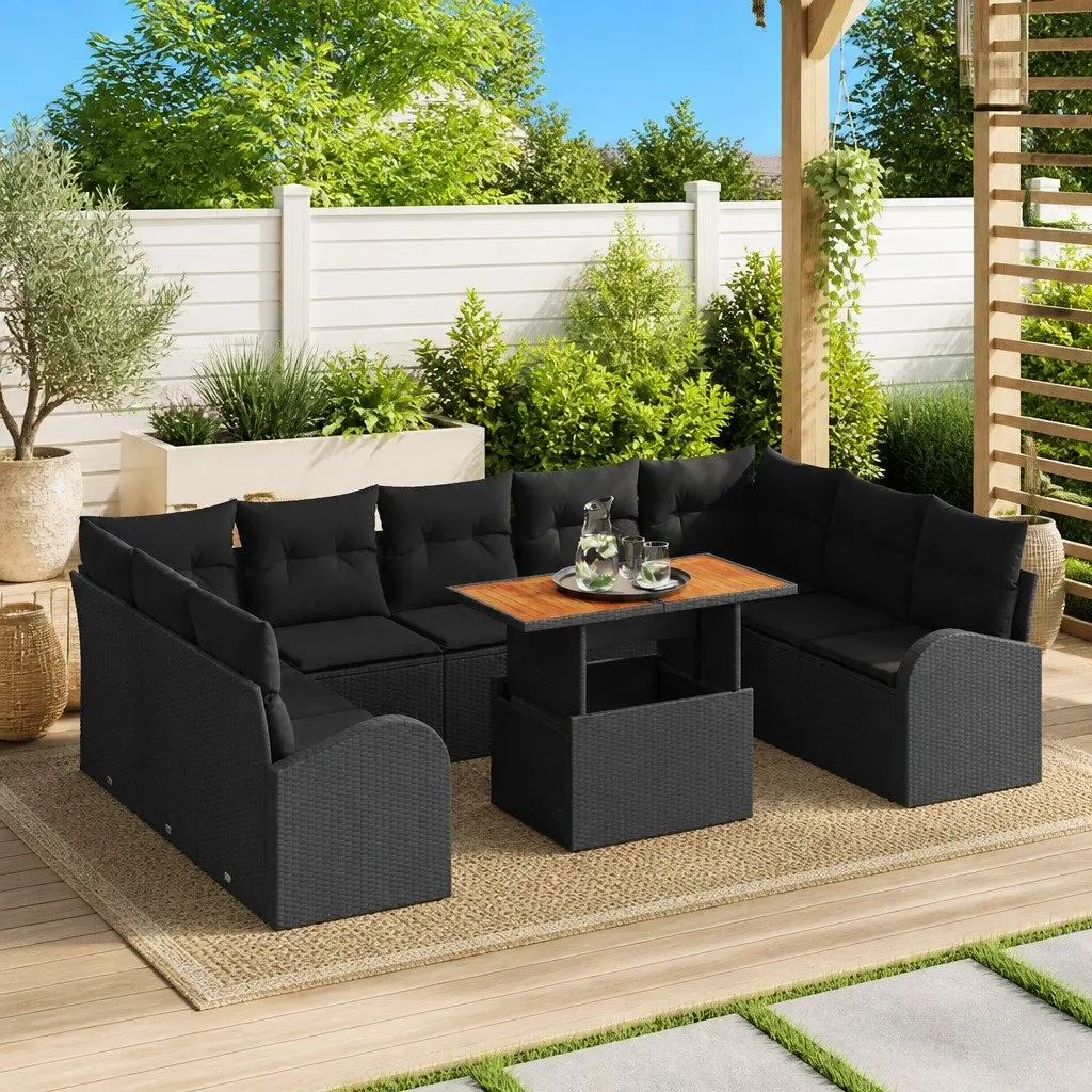 Garden Sofa Set Modular Steel Frame Poly Rattan 10 Piece Black