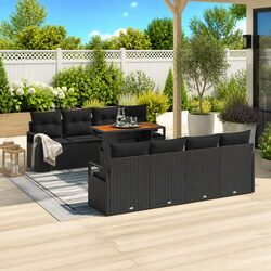 9-Piece Black Poly Rattan Sofa Set for Outdoor Use