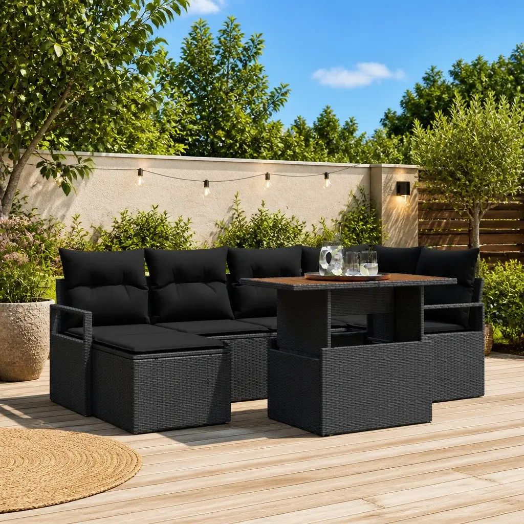 Outdoor Furniture Set Modular Black Poly Rattan 7 Piece Garden Sofa with Storage Compartments and Easy to Clean Surfaces