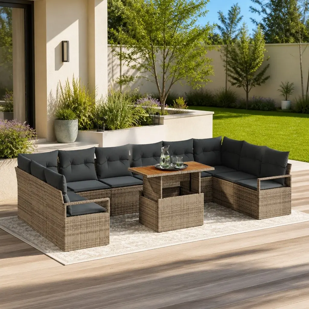 11 Piece Garden Sofa Set Modular Poly Rattan Grey Outdoor Furniture with Storage