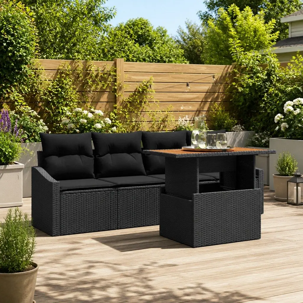 Garden Sofa Set Poly Rattan 5 Piece Black Outdoor Furniture with Storage Table
