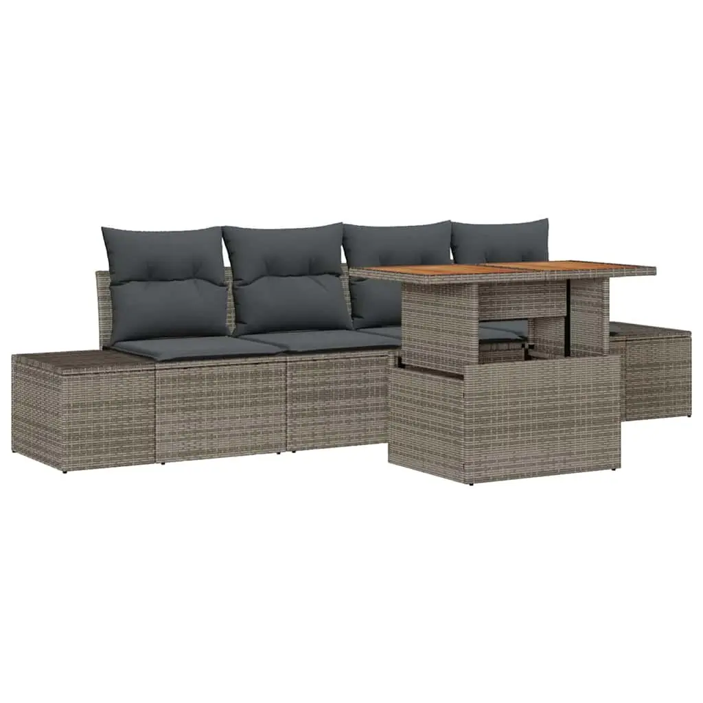 Outdoor Lounge Furniture Set Grey Poly Rattan 5 Pieces with Integrated Storage and Cushions