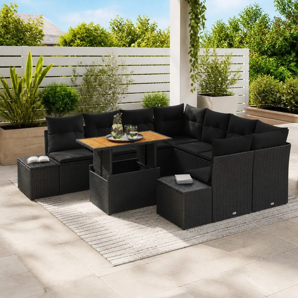 Garden Sofa Set 9pcs Modular Outdoor Furniture Black Poly Rattan with Storage