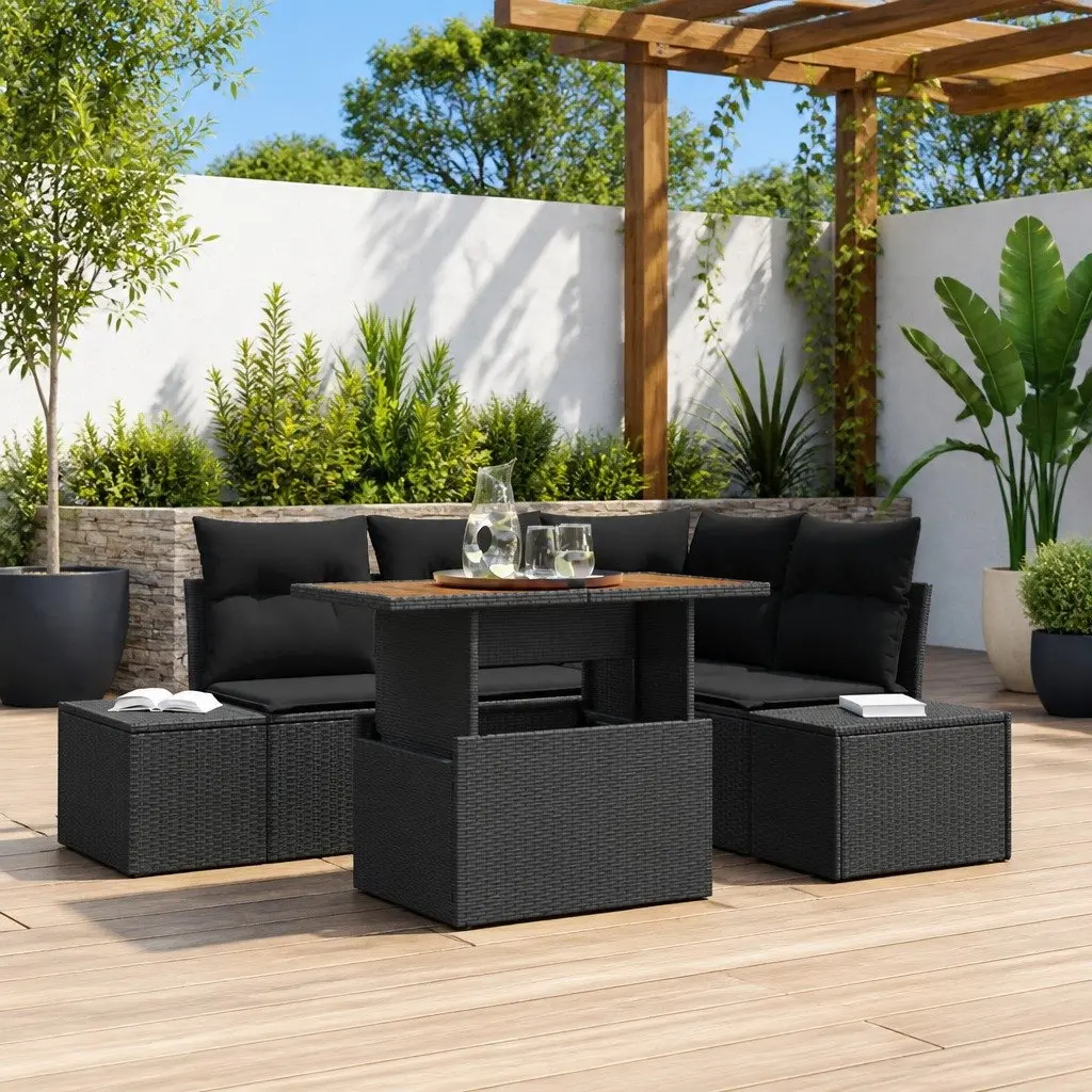 Outdoor Garden Sofa Set Poly Rattan 5 Pieces Black Modular Furniture with Storage
