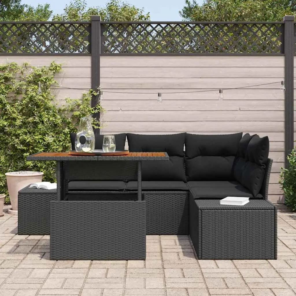 Outdoor Garden Sofa Set Poly Rattan 5 Pieces Black Modular Furniture with Storage