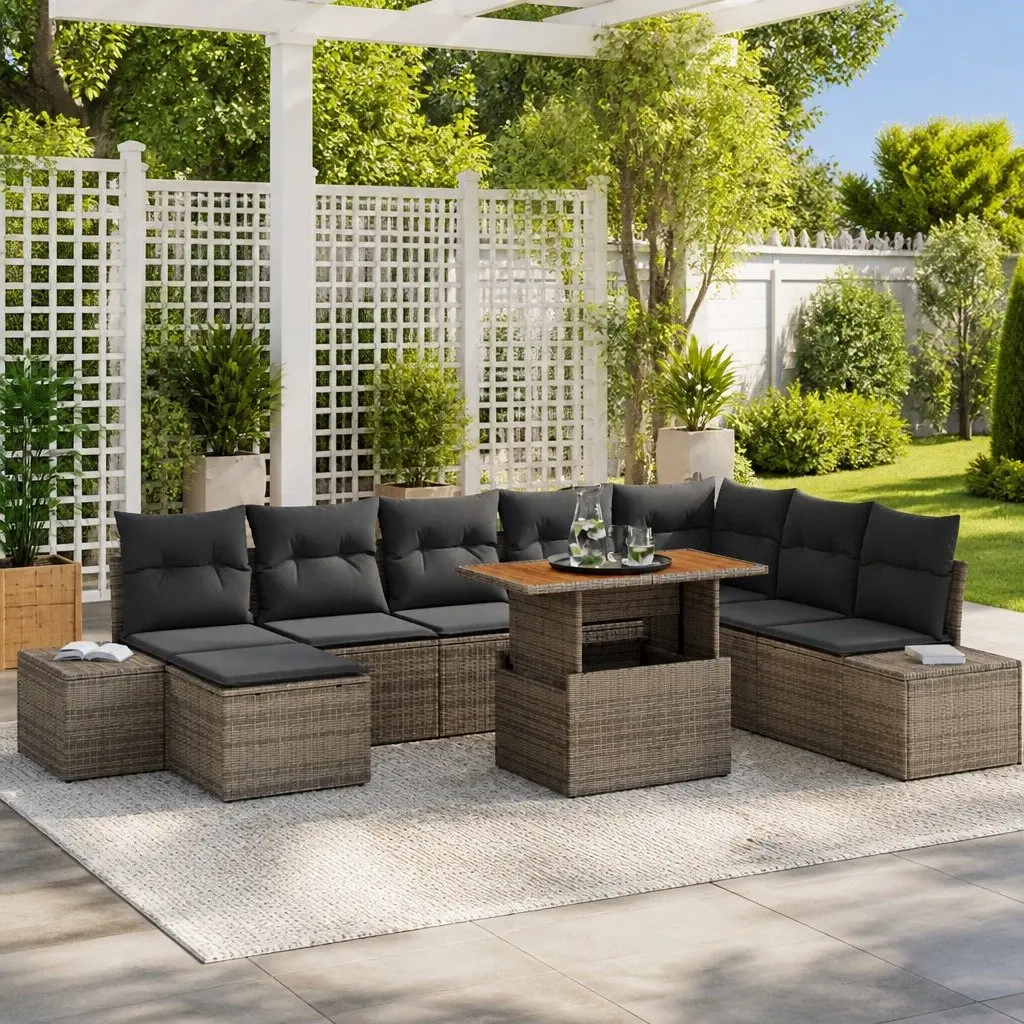 Garden Sofa Set Modular Sectional Poly Rattan 9 Piece Grey Outdoor Furniture with Storage
