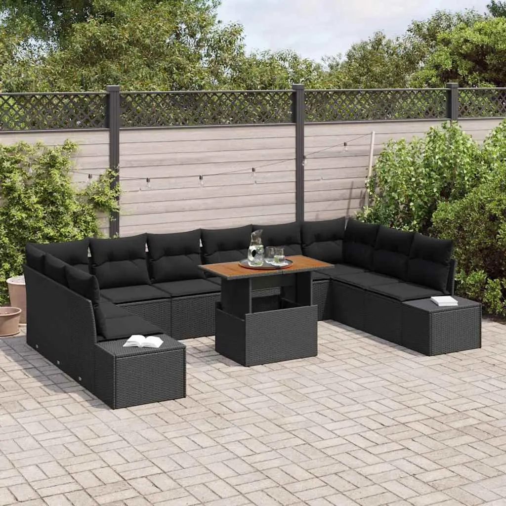 11 Piece Modular Lounge Set Black Poly Rattan Outdoor Garden Sofa with Storage