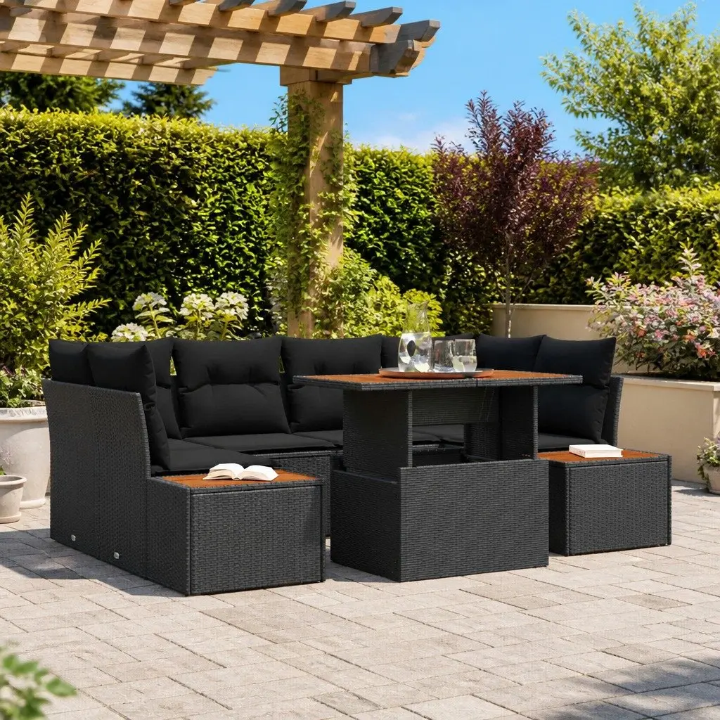 7 Piece Modular Outdoor Sofa Set Black Poly Rattan with Storage Compartments and Wooden Tabletop for Garden and Patio