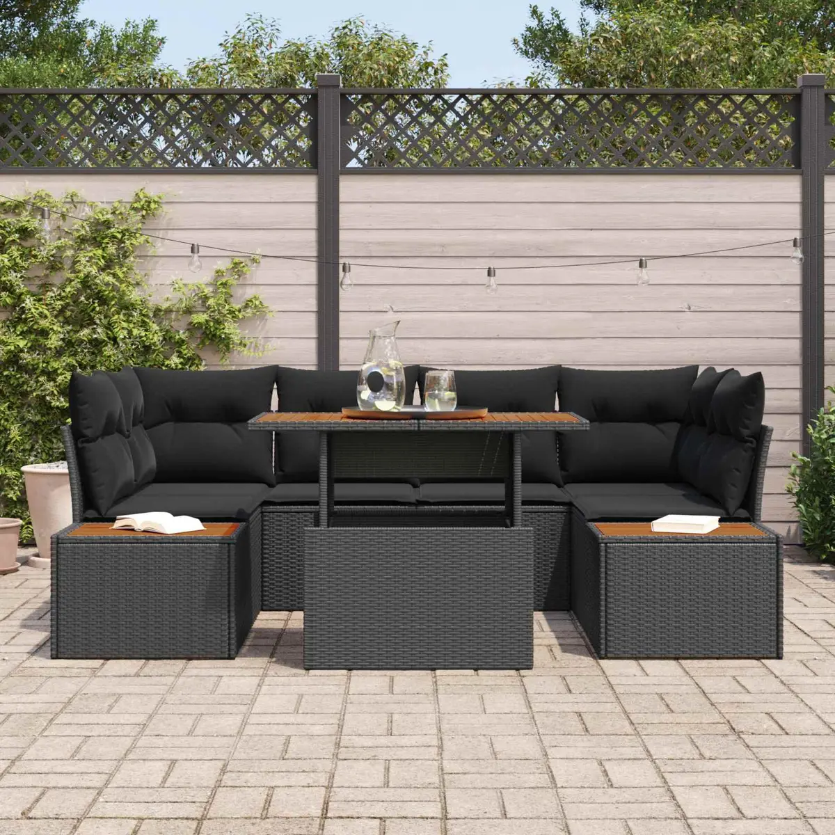 7 Piece Modular Outdoor Sofa Set Black Poly Rattan with Storage Compartments and Wooden Tabletop for Garden and Patio