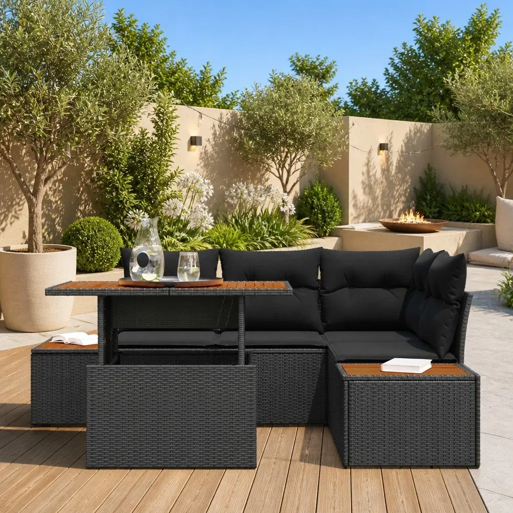 5 Piece Modular Outdoor Garden Sofa Set Black Poly Rattan Furniture with Storage