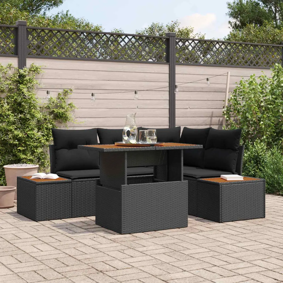 5 Piece Modular Outdoor Garden Sofa Set Black Poly Rattan Furniture with Storage