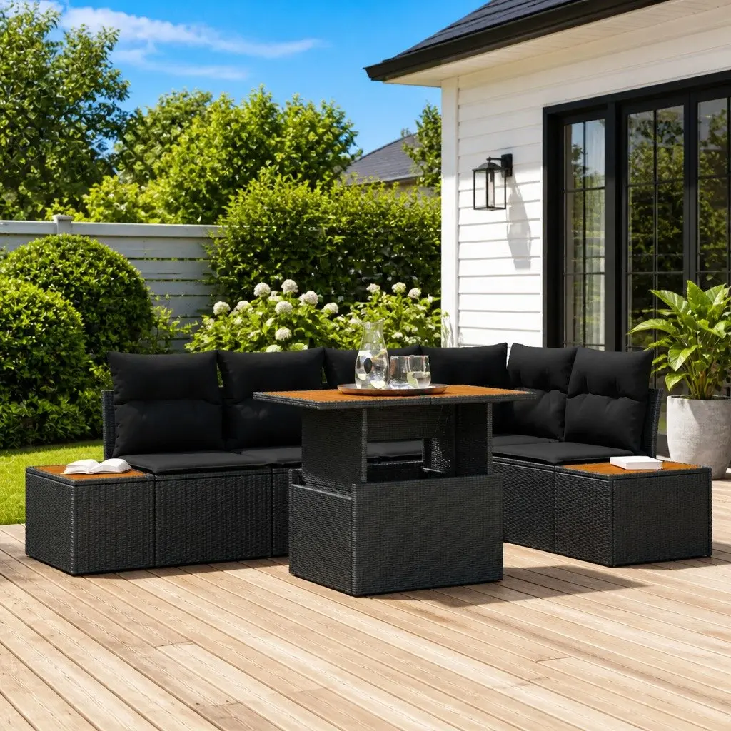 Modular Outdoor Lounge Sofa Set 6 Piece Black Poly Rattan with Storage Options