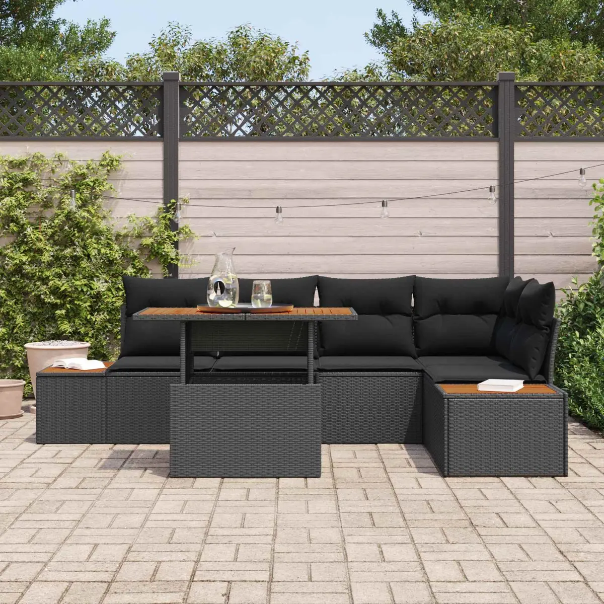 Modular Outdoor Lounge Sofa Set 6 Piece Black Poly Rattan with Storage Options