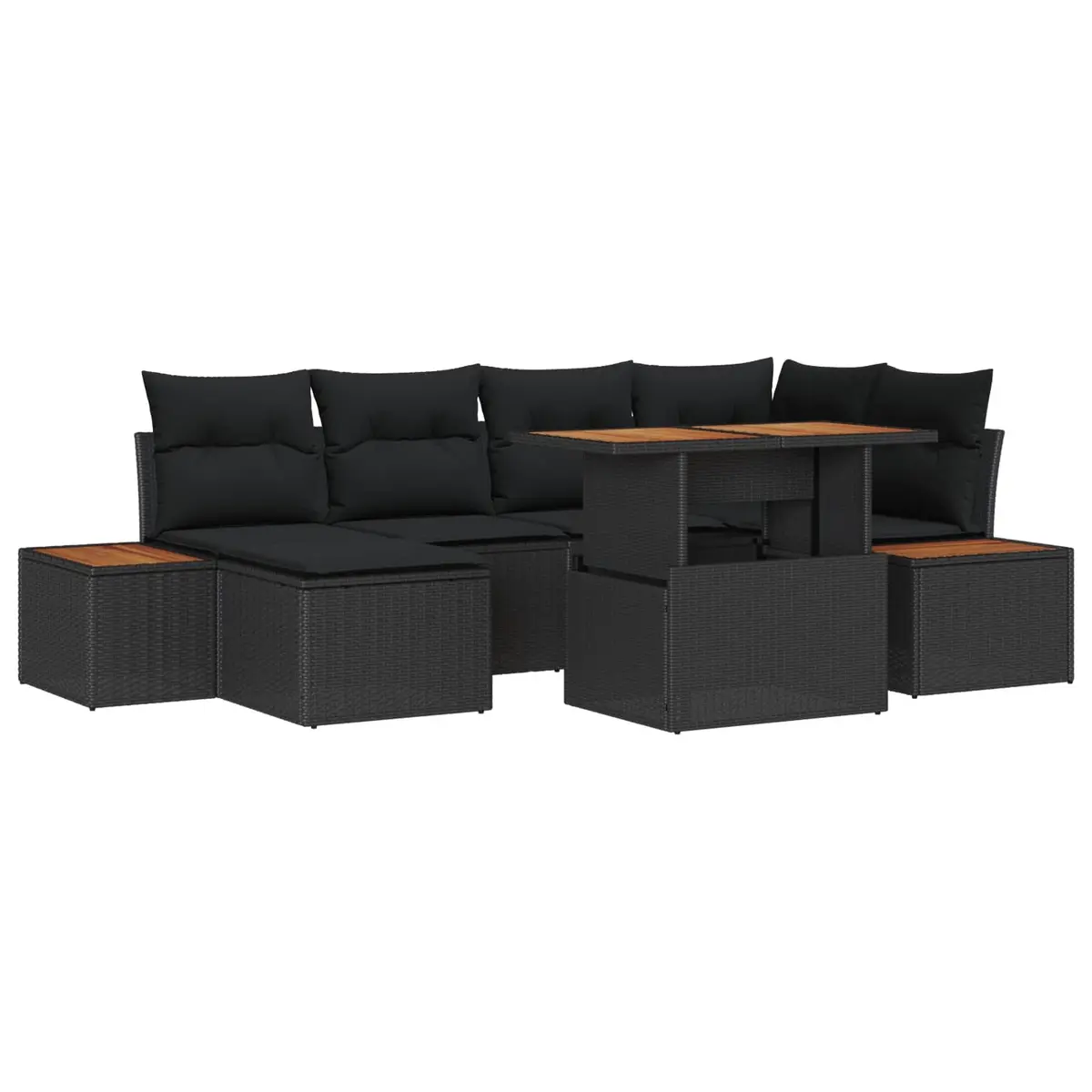 Modular Outdoor Seating Set Black Poly Rattan 7 Piece Garden Sofa with Table and Storage