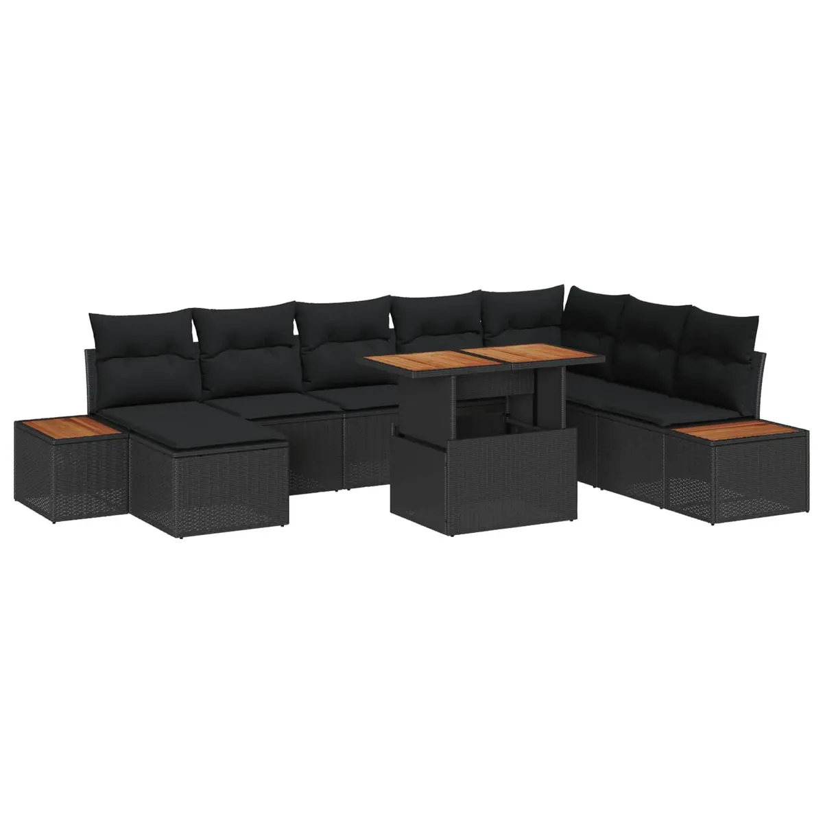 9 Piece Modular Black Poly Rattan Outdoor Sofa Set with Integrated Storage for Garden and Terrace