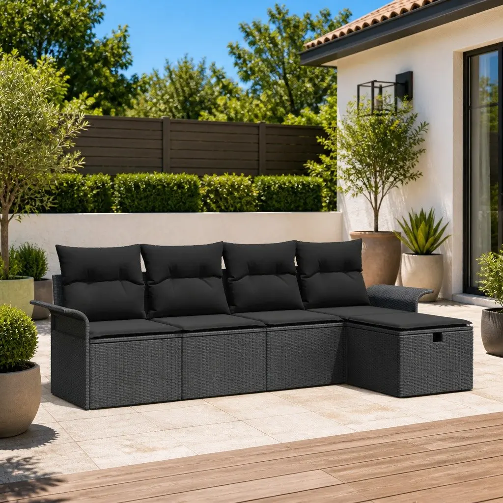 5 Piece Modular Sofa Set Outdoor Poly Rattan Black with Cushions Adjustable Table