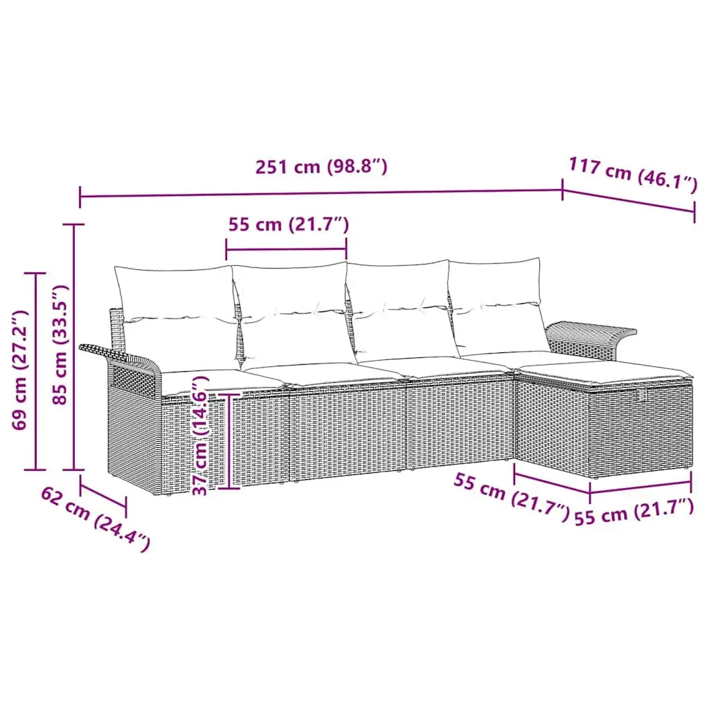 5 Piece Modular Sofa Set Outdoor Poly Rattan Black with Cushions Adjustable Table