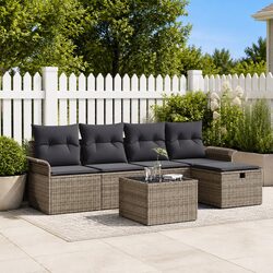 Grey Poly Rattan Garden Sofa Set 6 Piece Outdoor Furniture with Storage Cushions