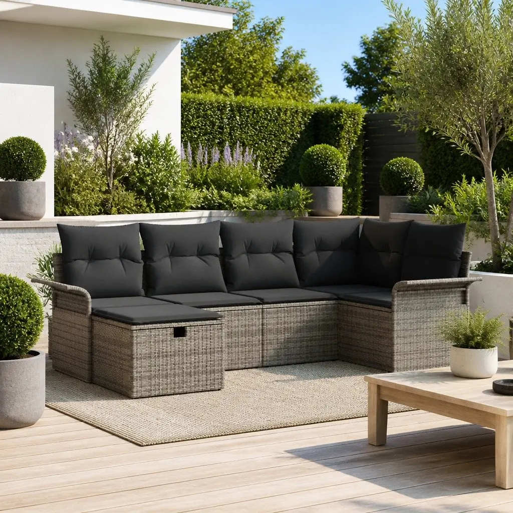 Outdoor Garden Sofa Set Poly Rattan 6 Piece Grey Modern Furniture Patio Seating