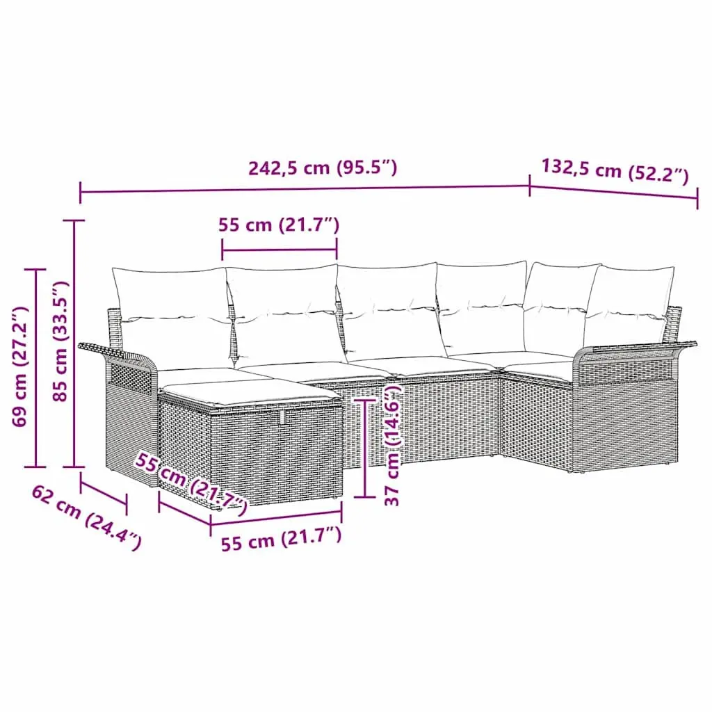 Outdoor Garden Sofa Set 6 Piece Black Poly Rattan with Cushions Modern Patio