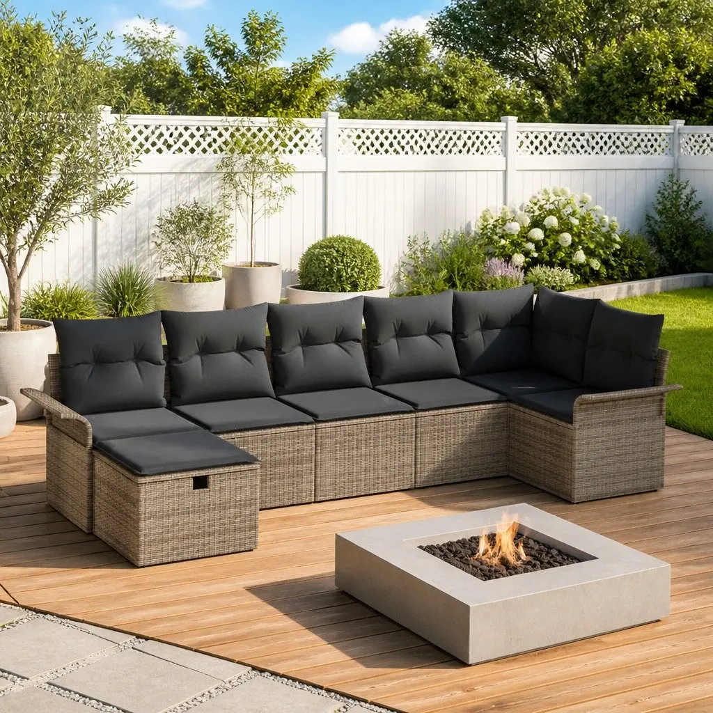 7 Piece Modular Grey Poly Rattan Outdoor Sofa Set with Adjustable Tabletop and Storage for Garden Patio