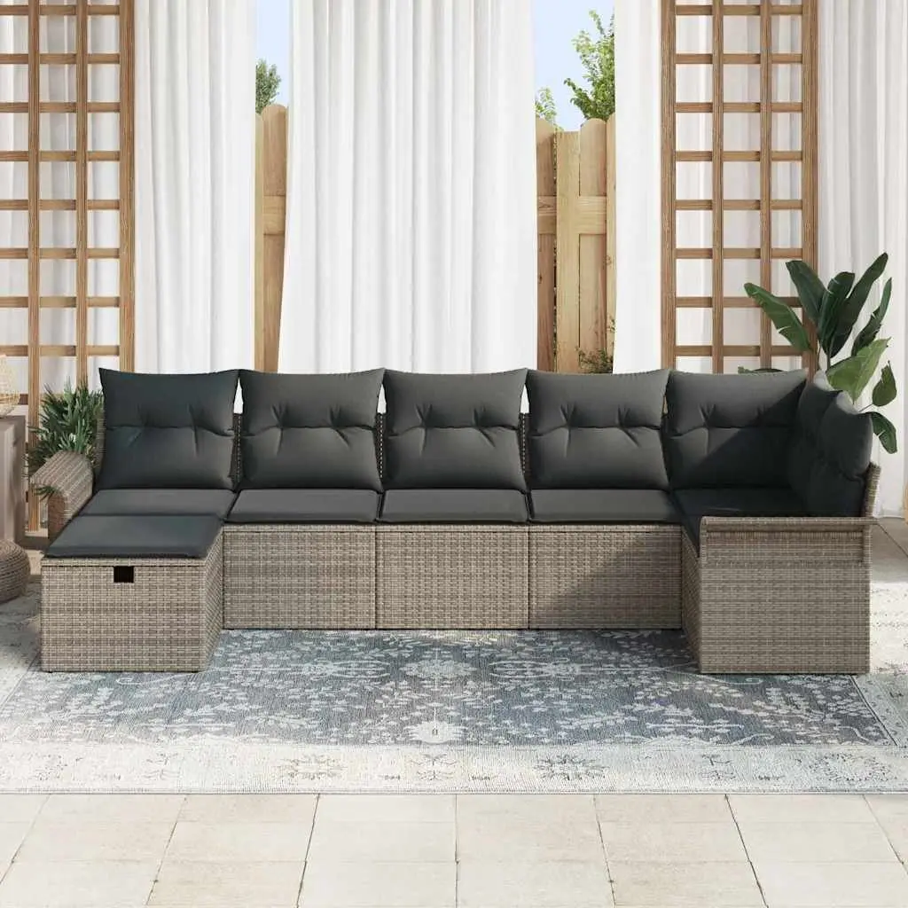 7 Piece Modular Grey Poly Rattan Outdoor Sofa Set with Adjustable Tabletop and Storage for Garden Patio