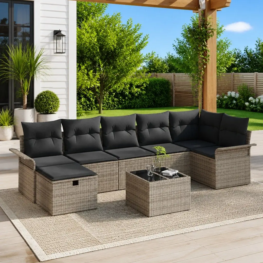 Modular Garden Sofa Set 8 Piece Grey Poly Rattan Outdoor Furniture