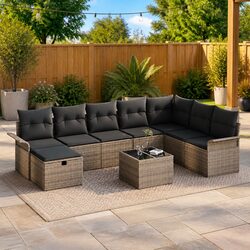 Garden Sofa Set 9 Piece Outdoor Seating Grey Poly Rattan Modular Lounge Suite