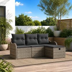 Outdoor Garden Sofa Set 4 Piece Modular Grey Poly Rattan Lounge with Cushions